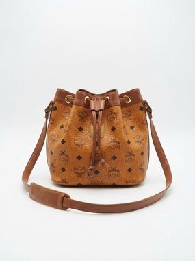 MCM Visetos Drawstring Bucket Bag, Cognac Leather, Iconic Crossbody Purse